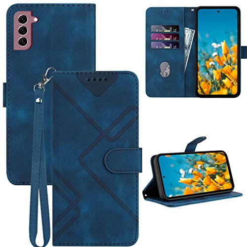 for Samsung S21 Case Wallet Card Holder Strap (Blue) | PU Leather Pattern, Card Slots, Cash Pocket, Kickstand, Magnetic Closure, Flip Cover, TPU Inner, Shockproof Protective - color: Blue