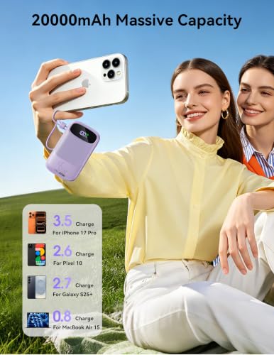 RETMSR Portable Charger 20000mAh 45W USB C Fast Charging, Built-in Cable - color: Taro Purple
