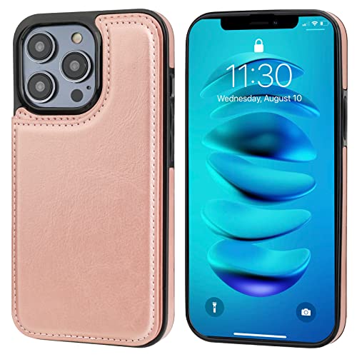 ONETOP for iPhone 14 Pro Wallet Case with Credit Card Holder,Rosegold | Kickstand,ID/Cash Holder,Case Wallet with Card Slots,Double Magnetic Clasp,Durable PU Leather Shockproof Cover for Women Men - color: Rose Gold