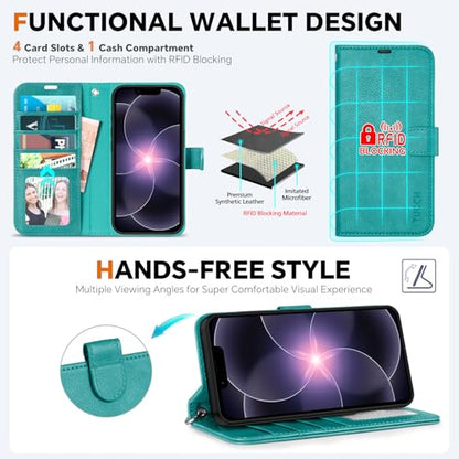 TUCCH Detachable 2-in-1 Wallet Case for iPhone 17e/16e (6.1"), Cyan | RFID Blocking, 4 Card Slots, Wrist Strap, Wireless Charging, Stand, Shockproof TPU, PU Leather, Magnetic, Folio Cover - color: Textured Cyan
