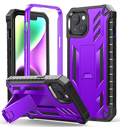 FNTCASE for iPhone 14 Plus Case, Built-in Screen Protector, Kickstand | 20FT Military-Grade Drop Protection, Anti-Slip Matte Textured, Rugged Heavy Duty Shockproof TPU Protective Cover - color: Purple