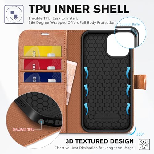 TUCCH Wallet Case for iPhone 13 (6.1") 2021, 3 Card Slots, Light Brown | RFID Blocking, Viewing Stand, Shockproof TPU Shell, PU Leather, Magnetic Closure, Protective Folio Flip Cover - color: Brown - Textured