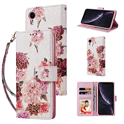 UEEBAI Wallet Case for iPhone XR, PU Leather Phone Case Kickstand RFID Blocking Flip Case with Card Slots Wrist Strap Relief Engraved Pattern Magnetic Closure Folio Case - White Flower - color: White Flower