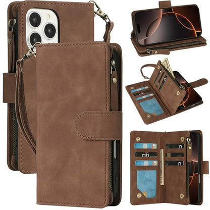 RANYOK Compatible iPhone 16 Pro Max Wallet Case - PU Leather Wallet Case with Credit Card Holder RFID Blocking Zipper Pocket [Wrist Strap] Protective Case (Brown) - color: Brown, size: iPhone 16 Pro Max, 6.9"