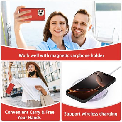 Asuwish Phone Case for iPhone 16 Pro 6.3 inch Zipper Wallet Magnetic Detachable Cell Cover with Tempered Glass Screen Protector Crossbody Lanyard Strap Flower Card Holder i Phone16 i16 16Pro Women Red - color: Red