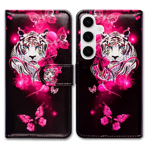 Bcov Case for Galaxy S26,White Tiger Butterfly Leather Flip Phone Case Wallet Cover with Card Slot Holder Kickstand Case for Samsung Galaxy S26 - color: White Tiger Butterfly Style