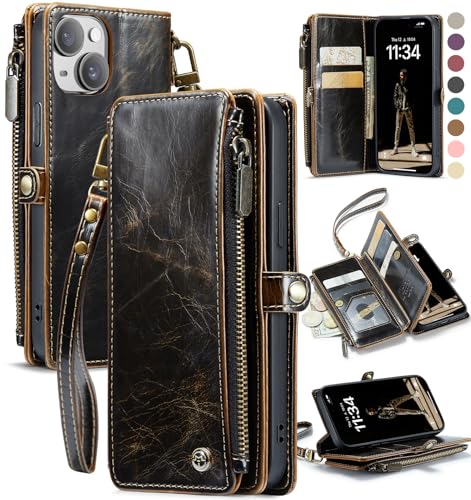 Defencase for iPhone 15 Wallet Case with RFID Blocking Card Holder, Coffee | Durable Soft PU Leather, with Zipper Pocket, Wrist Strap, Fashion Snap Flip Phone Cases Cover with Stand for Women and Men - color: Coffee