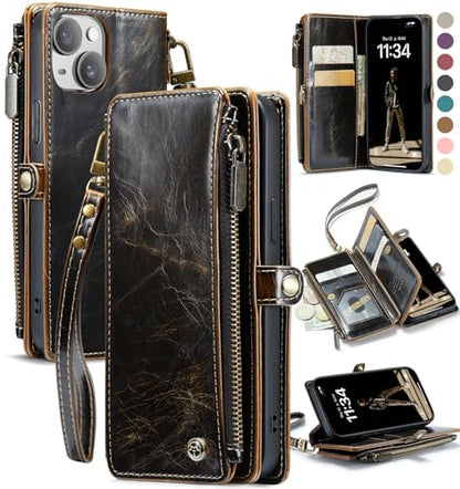 Defencase for iPhone 13 Wallet Case with RFID Blocking Card Holder, Coffee | Durable Soft PU Leather, with Zipper Pocket, Wrist Strap, Fashion Snap Flip Phone Cases Cover with Stand for Women and Men - color: Coffee