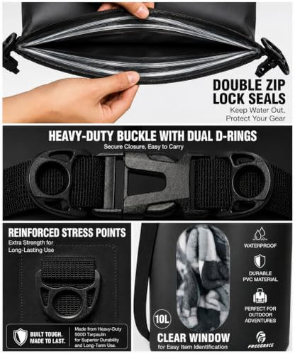 Freegrace Waterproof Dry Bag with Double Zip-Lock, Phone Case & Waist Pouch | 10L Black, Clear Window, Submersible 500D Drysack, Adjustable Crossbody Strap, Gear For Kayaking, Boating, Surfing, Swimming - color: Black, size: 10L, style: Window
