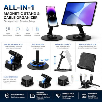 Phone & Tablet Stand for Desk (2 peice) with 6 Magnetic Cable Organizer Clips, 360 Rotating Adjustable Height Stand, Compatible with iPhone, iPad, All Smartphones Tablets, Desk Organization Bundle.