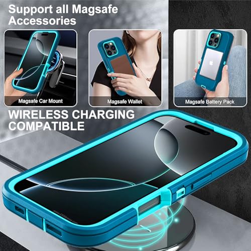 YKHJKLEC for iPhone 16 Pro Case, Compatible with Magsafe, Military Grade 3 in 1 Heavy Duty Shockproof/Drop Proof/Dust Proof Case with 2Pcs Tempered Glass Screen Protector (New-Blue/Turquoise) - color: New-Blue/Turquoise