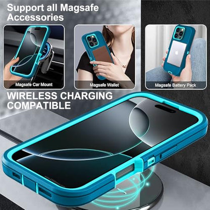 YKHJKLEC for iPhone 16 Pro Case, Compatible with Magsafe, Military Grade 3 in 1 Heavy Duty Shockproof/Drop Proof/Dust Proof Case with 2Pcs Tempered Glass Screen Protector (New-Blue/Turquoise) - color: New-Blue/Turquoise