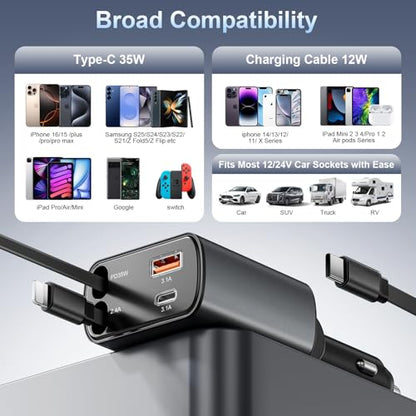 Retractable Car Charger USB C Fast Charging，4 in 1 Car Adapter - color: 1-Pack