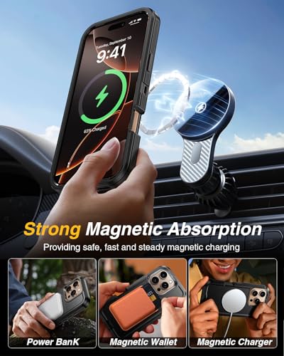 Lanhiem for iPhone 16 Pro Max Magnetic Case with Belt Clip Holster, [Compatible with Magsafe] Heavy Duty Rugged 3 Layer Drop Protection Cell Phone Cover, Anti-Drop with 360° Rotating Kickstand Black