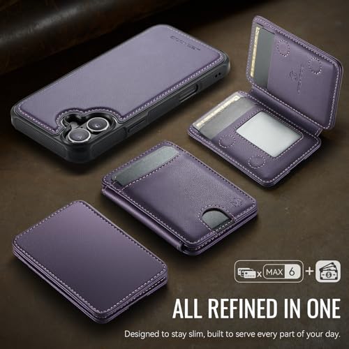 WJX for iPhone 16 Plus MagSafe Wallet Case, 2-in-1 Detachable Luxury Card Holder, Universal MagSafe Compatible, RFID Blocking, Shockproof Kickstand Slim Cover， Grape Purple - color: Grape purple, size: iPone 16 Plus