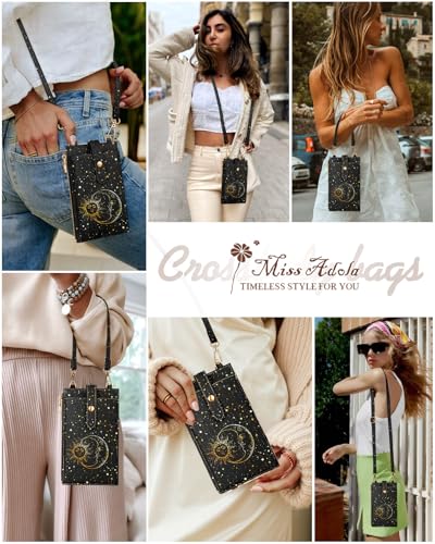 Miss Adola RFID Cell Phone Purse Crossbody Bag for Women | RFID Blocking, Card Slots, Dual Straps, Leather Phone Wallet, Magnetic Buckle, Smooth Zipper, Crossbody Purse for Daily Use - color: Black Sun Moon