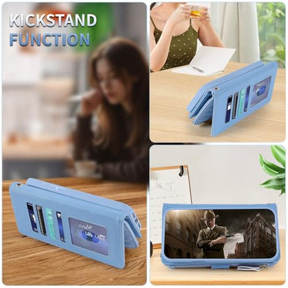 for iPhone 16e/17e Case Wallet,Compatible with MagSafe Magnetic 2 in 1 Magnetic Detachable PU Leather RFID Blocking Wallet Cover Card Holder Zipper Wrist Strap Lanyard,Quilted Blue - color: Quilted Blue