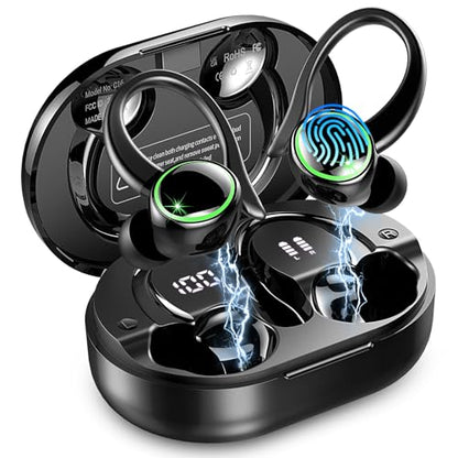 2026 Wireless Earbuds, Bluetooth 5.4 Headphones Sports, 50 Playback Over-Ear buds with ENC Noise Cancelling Mics, Deep Bass Fitness Earphones Gym Running Workout, IP7 Headset with Earhook, LED Display - color: Pure black