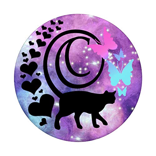 Black Space Cat Heart Butterfly Galaxy Purple Pink Letter C PopSockets PopGrip: Swappable Grip for Phones & Tablets