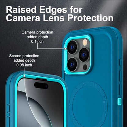 YKHJKLEC for iPhone 16 Pro Case, Compatible with Magsafe, Military Grade 3 in 1 Heavy Duty Shockproof/Drop Proof/Dust Proof Case with 2Pcs Tempered Glass Screen Protector (New-Blue/Turquoise) - color: New-Blue/Turquoise