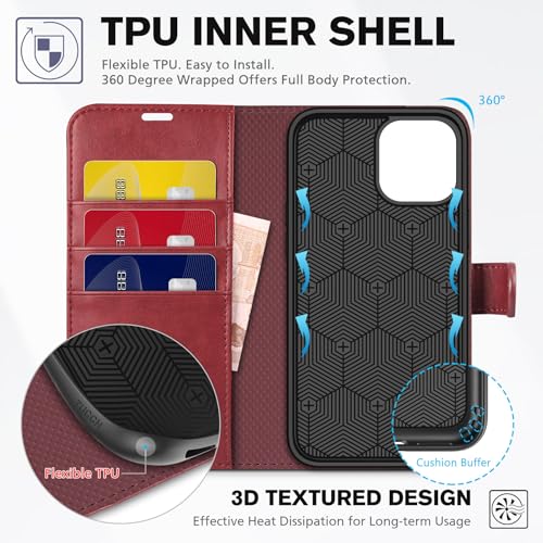 TUCCH Case Wallet for iPhone 12/12 Pro 6.1", RFID Blocking Folio, Dark Red | 3 Card Holders, Kickstand, PU Leather, Magnetic Closure, Shockproof TPU Shell, Protective Flip Cover - color: Dark Red