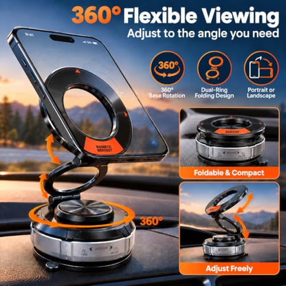 Vacuum Magnetic Car Phone Mount, Zinc Alloy Folding Suction Cup Holder with Sticky Gel Base for Dashboard & Windshield, Compatible with MagSafe iPhone, Samsung and Android Phones