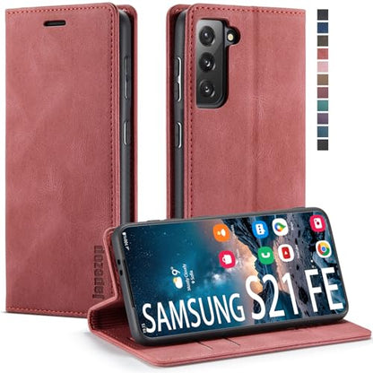 Samsung Galaxy S21 FE 5G Wallet Case with Card Holder RFID Blocking Kickstand Magnetic,Leather Flip Case Wallet for Samsung Galaxy S21 FE 5G 6.4 Inch (Wine Red) - color: Wine Red, size: S21 FE 6.4"