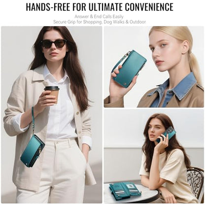 Defencase for Galaxy S26 Ultra Case Wallet Compatible with Magsafe, Green | Magnetic Detachable, RFID Bolcking Card Holder, Zipper Strap, PU Leather Drop-Proof Phone Cover for Samsung Galaxy S26 Ultra - color: (Detachable with Magsafe)-Blue Green