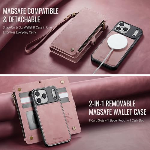Defencase for iPhone 17 Pro Max Case Wallet Compatible with Magsafe, Pink | Drop-Proof Magnetic Detachable Phone Cases Cover, with RFID Bolcking Card Holder, Zipper Strap, PU Leather, Removable Wallet - color: (Detachable with Magsafe)-Pink