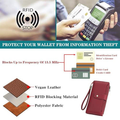 GAEKEAO Womens Wallet RFID Blocking Large Capacity Vegan Leather Card Holder Wristlet Clutch with 32 Card Slots 4 ID Windows - color: X03-Wine Red