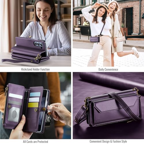 Strapurs Crossbody Wallet Case Compatible with Samsung Galaxy Z Fold 5 with RFID Blocking Card Holder & Pen Holder Slot Soft PU Leather Shoulder Strap Zipper Pocket Purse Fold 5 Phone Case, Purple | RFID Blocking 5-Card Holder, Shoulder Lanyard, Wirst Str
