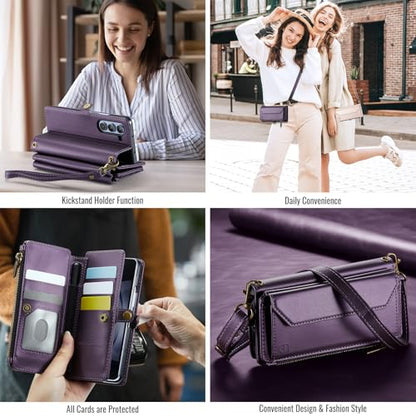 Strapurs Crossbody Wallet Case Compatible with Samsung Galaxy Z Fold 5 with RFID Blocking Card Holder & Pen Holder Slot Soft PU Leather Shoulder Strap Zipper Pocket Purse Fold 5 Phone Case, Purple | RFID Blocking 5-Card Holder, Shoulder Lanyard, Wirst Str