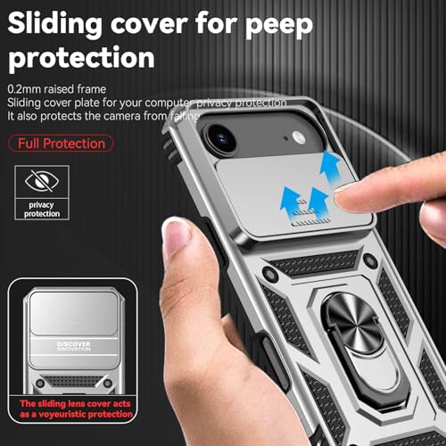 for iPhone Air Case, with Slide Camera Cover HD Screen Protector [Military Grade 16ft. Drop Tested] Ring Holder Kickstand Protective Phone Case for Apple iPhone Air 2025, Silver - color: Silver w/ Slide Camera 2nd gen. Military Grade