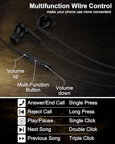 USB C Wired Earbuds iPhone Headphones for Samsung Galaxy S26 Ultra S25 S24 - color: Black