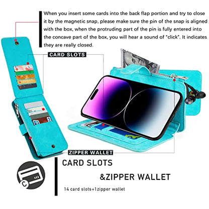 MODOS LOGICOS Case Compatible with iPhone 15 Pro Max 6.7", [Detachable Wallet Folio][Zipper Cash Storage][14 Card Slots 1 Id Window] PU Leather Purse with Removable Inner Magnetic TPU Case - Teal - color: Teal, size: iPhone 15 Pro Max