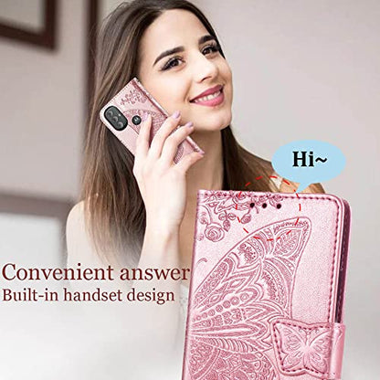 for Moto G Power 2022 Case Wallet,Women Flip Cover,Rose Gold | Butterfly Embossed PU Leather Kickstand Credit Card Holder Slots Magnetic Wrist Strap Purse - color: Rose Gold