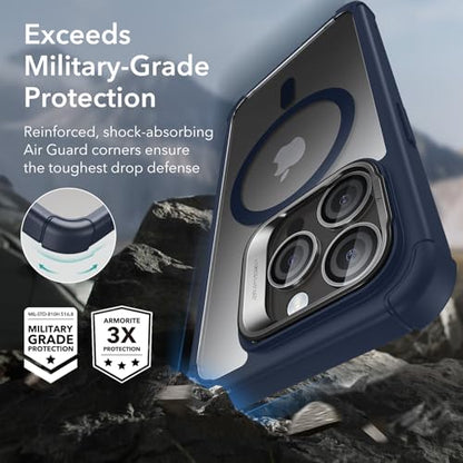 ESR for iPhone 15 Case with Stand, Compatible with MagSafe, Full-Body Military-Grade Drop Proof Case with Built-in 9H+ Tempered Glass Screen Protector, Armor Series, Clear Dark Blue - color: Clear Dark Blue