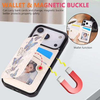 UEEBAI Wallet Case for iPhone 17 Pro Max with Card Holders, PU Leather Floral Cover Kickstand RFID Blocking Double Magnetic Clasp Rilievo Flower Flip Case for Women Girls - Blue Butterfly | PU Leather Cover, Kickstand, RFID Blocking, Double Magnetic Clasp