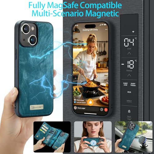 Compatible with iPhone 15 Wallet Case with Magsafe,Blue | Magnetic Detachable Case,Card Holder,Zipper Pocket,Strap Wristlet, Soft Leather Drop-Proof Phone Case for iPhone 15 6.1" - color: Blue, size: iPhone 15 6.1"
