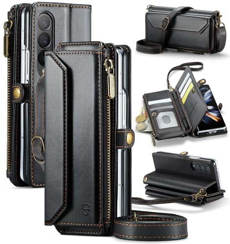 Strapurs Crossbody Wallet Case Compatible with Samsung Galaxy Z Fold 4 with RFID Blocking Card Holder & Pen Holder Slot Soft PU Leather Shoulder Strap Zipper Pocket Purse Fold 4 Phone Case, Black | RFID Blocking 5-Card Holder, Shoulder Lanyard, Wirst Stra