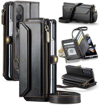 Strapurs Crossbody Wallet Case Compatible with Samsung Galaxy Z Fold 4 with RFID Blocking Card Holder & Pen Holder Slot Soft PU Leather Shoulder Strap Zipper Pocket Purse Fold 4 Phone Case, Black | RFID Blocking 5-Card Holder, Shoulder Lanyard, Wirst Stra