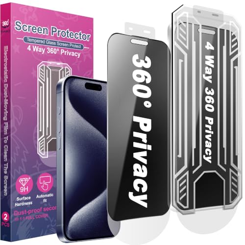 [2 Pack 4 Way Privacy Screen Protector for iPhone 15 Pro, Anti-Spy Tempered Glass, 9H Hardness Shatterproof, 3D Curved Edges, Case-Friendly, Bubble-Free Easy Installation - size: for 15 Pro