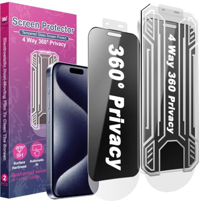 [2 Pack 4 Way Privacy Screen Protector for iPhone 15 Pro, Anti-Spy Tempered Glass, 9H Hardness Shatterproof, 3D Curved Edges, Case-Friendly, Bubble-Free Easy Installation - size: for 15 Pro