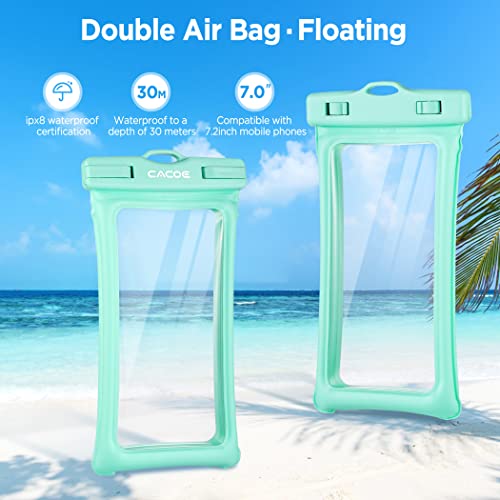CACOE Floatable Waterproof Phone Pouch 2 Pack Up to 7.0",Black+Green | Floatable, IPX8 Waterproof Phone Case,Adjustable Lanyard,Dry Bags for Beach/Cruise/Travel/Camping/Kayak/Vacation Essentials - color: Black+Green
