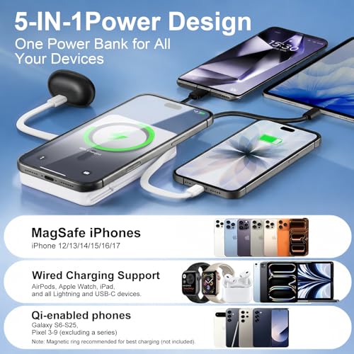 10000mAh Magnetic Wireless Power Bank, 5-in-1 Portable Charger with 2 Built-in Cables, 22.5W PD Fast Charging Magnetic Battery Pack for iPhone 17/16/15/14/13/12 and All Series ，White - color: white