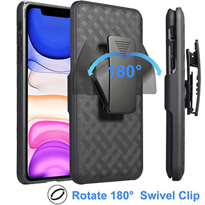 for iPhone 11 Belt Clip Case, Stand Holster Screen Protector-Black | Swivel Kickstand Holder, Slim Shell Slide Pouch Full Body Protective, Rugged Heavy Duty Shockproof Outdoor Cell Phone Cover