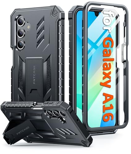 FNTCASE for Samsung Galaxy A16-5G Phone Case with Built-in Screen Protector | Rugged Kickstand, 20FT Military-Grade Drop Protection, Matte Textured, Heavy Duty Shockproof TPU Protective Cover, Black - color: Black, size: For Galaxy A16 6.7 Inch