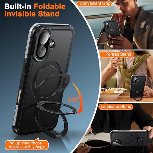 Oterkin Magnetic Stand for iPhone 16 Case Waterproof IP68, Black - color: Black, size: iPhone 16 6.1''