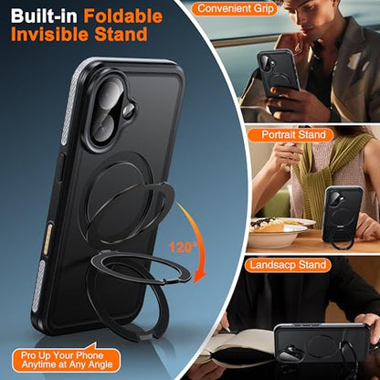 Oterkin Magnetic Stand for iPhone 16 Case Waterproof IP68, Black - color: Black, size: iPhone 16 6.1''