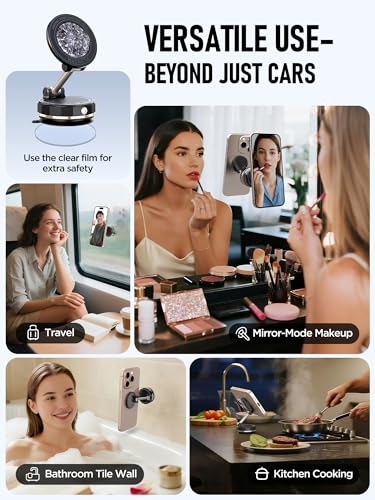 Upgraded Vacuum Magnetic Car Phone Holder for MagSafe[108+LBS Strongest Suction & 3000gf Strongest Magnetic],360° Adjustable Suction Cup Phone Mount for Car,Gym,Mirror,Men Women-Black - color: Black